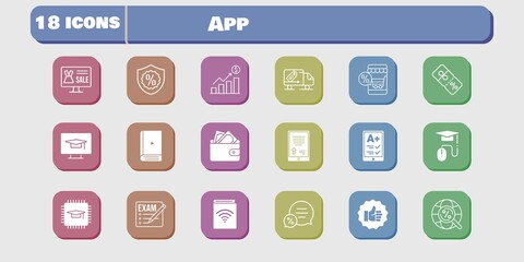 app icon set. included profits, chip, audiobook, wallet, like, discount, delivery truck, student-desktop, exam, online shop icons on white background. linear, filled styles.