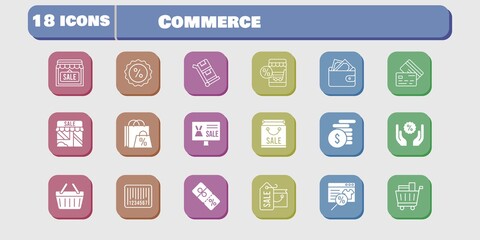 commerce icon set. included shopping bag, online shop, shop, wallet, money, shopping cart, discount, shopping-basket, credit card icons on white background. linear, filled styles.