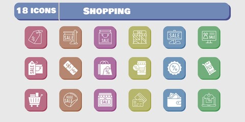 shopping icon set. included online shop, shopping bag, sale, shop, wallet, price tag, shopping cart, discount, credit card icons on white background. linear, filled styles.