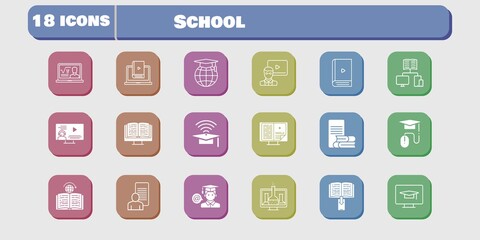 school icon set. included chemistry, study, student, learn, learning, student-desktop, professor, ebook, teacher, cap icons on white background. linear, filled styles.
