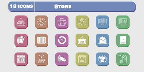 store icon set. included shop, book, discount, delivery truck, shopping basket, online shop, shopping bag, 24-hours, ebook icons on white background. linear, filled styles.