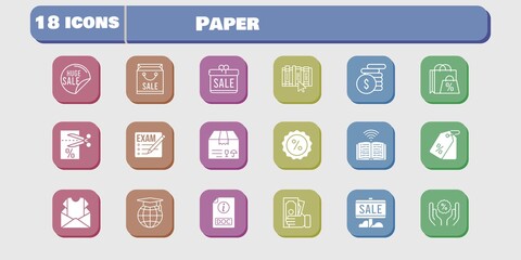 paper icon set. included gift, newsletter, package, voucher, book, discount, exam, shopping bag, sale, money, school, price tag icons on white background. linear, filled styles.