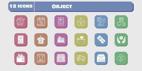 object icon set. included calendar, wallet, shop, package, discount, training, delivery truck, shopping bag, tablet, ereader icons on white background. linear, filled styles.