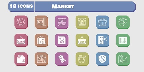 market icon set. included wallet, shop, voucher, discount, shopping basket, trolley, shopping bag, sale, shopping cart, warranty icons on white background. linear, filled styles.