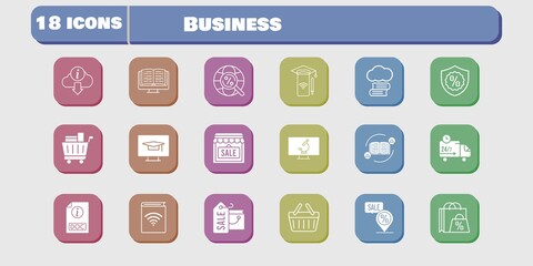 business icon set. included audiobook, smartphone, shop, delivery truck, student-desktop, shopping basket, microscope, feedback icons on white background. linear, filled styles.