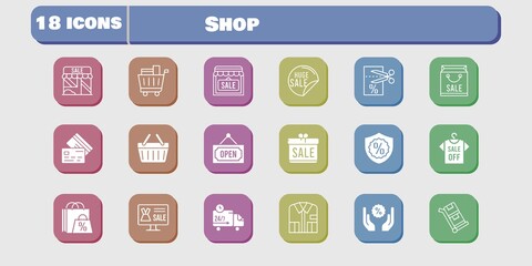shop icon set. included gift, shop, voucher, discount, shopping-basket, delivery truck, trolley, shopping bag, online shop icons on white background. linear, filled styles.