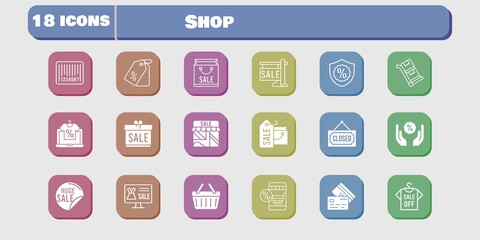 shop icon set. included gift, shop, discount, shopping-basket, trolley, online shop, shopping bag, sale, shirt, price tag icons on white background. linear, filled styles.