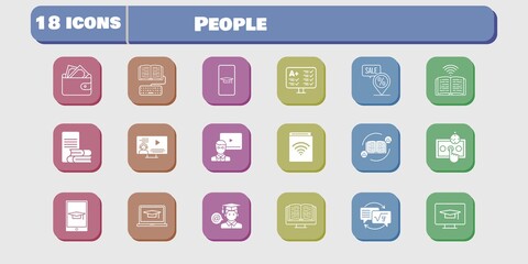 people icon set. included audiobook, wallet, test, student, homework, book, student-desktop, feedback, student-smartphone, student-laptop icons on white background. linear, filled styles.