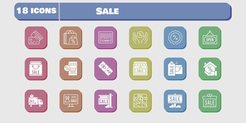 sale icon set. included gift, shopping bag, online shop, sale, mortgage, shop, discount, delivery truck, credit card, barcode icons on white background. linear, filled styles.
