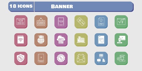 banner icon set. included newsletter, audiobook, maths, discount, training, login, cloud, teacher, ebook, pdf, student icons on white background. linear, filled styles.