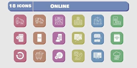 online icon set. included audiobook, study, shop, homework, learning, delivery truck, cloud library, student-smartphone, online shop icons on white background. linear, filled styles.