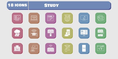 study icon set. included study, test, homework, learn, maths, book, microscope, student-smartphone, exam, cloud library, teacher icons on white background. linear, filled styles.