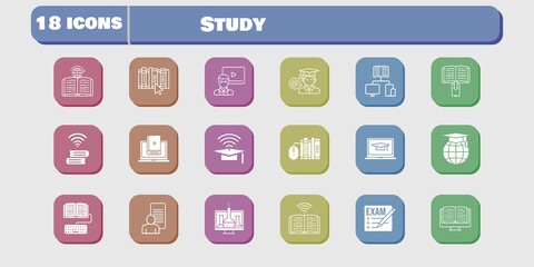 study icon set. included chemistry, study, homework, learn, book, learning, exam, student-laptop, ebook, teacher, cap icons on white background. linear, filled styles.