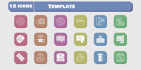 template icon set. included calendar, smartphone, voucher, book, discount, jacket, learning, touchscreen, sale, shirt icons on white background. linear, filled styles.