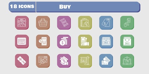 buy icon set. included shop, discount, click, shopping basket, trolley, shopping bag, online shop, sale, mortgage, money icons on white background. linear, filled styles.