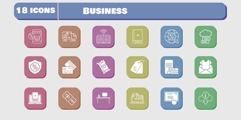 business icon set. included newsletter, learn, book, discount, training, touchscreen, delivery truck, trolley, cloud library icons on white background. linear, filled styles.