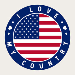 American Flag Round Sticker or Badge. I Love USA Label. Vector US Icon