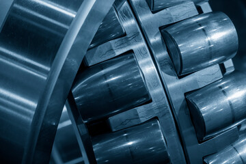 The close-up scene of cylindrical rolling bearing. The mechanical parts manufacturing concept.