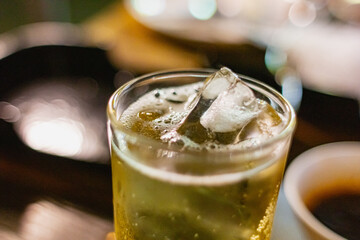 close-up of ice drink with bubbles