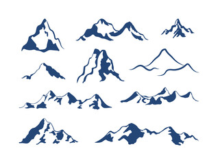 Vector mountain icons set isolated on white background, mountains shapes, different hills, ranges and tops.
