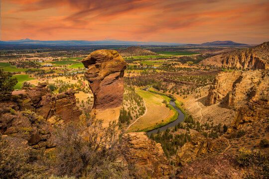 Monkey Face and Crooked River in Smith Rock State Park.  Smith Rock State Park is an American state park located in central Oregon's High Desert near the communities of Redmond and Terrebonne. 