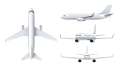 Flying airplane, jet aircraft, airliner. Top, front, side, 3d perspective view of detailed passenger air plane isolated on white background. Vector illustration
