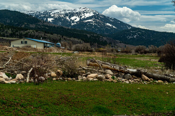 The view of the Grand Teton Mountain Range from the Grand Teton National Park in Moose, Wyoming in...