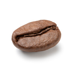Single brown roasted coffee bean close up isolated on white background  