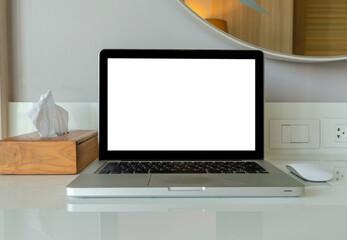 Fototapeta premium computer laptop mock up and mouse white blank screen for advertising text on table.