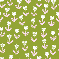 Random little tulip flowers seamless pattern in doodle style. Green background. Spring nature backdrop.