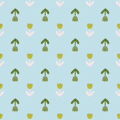 Nature seamless pattern with little tulip flowers shapes print. Blue pastel background. Cute botany artwork.