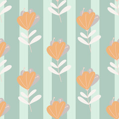 Orange colored simple flowers elements seamless pattern in hand drawn style. Blue striped background.