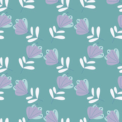 Fototapeta na wymiar Cute purple scribble flowers elements seamless pattern. Blue background. Nature decorative backdrop.