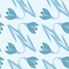 Fototapeta na wymiar Bloom seamless pattern with vintage snowdrops flowers ornament. Blue palette artwork.