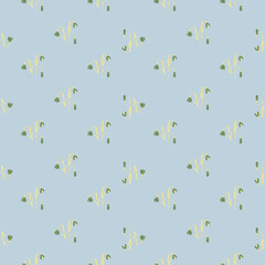 Little green bluebell silhouettes seamless pattern in doodle style. Pastel blue background. Floral backdrop.