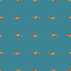 Orange and beige colored dinosaurs seamless pattern in hand drawn style. Bright blue background.