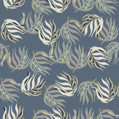 Random exotic seamless doodle foliage pattern with random tropic leaves print. Navy blue pale background.