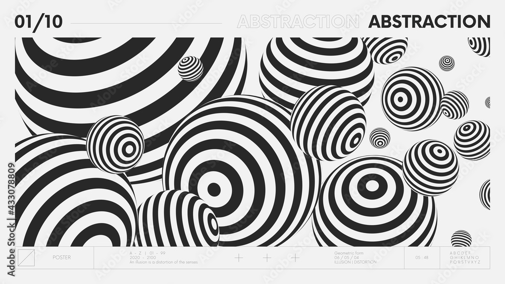 Poster Abstract modern geometric banner with simple shapes in black and white colors, graphic composition design vector background, flying balls of different shapes with linear pattern