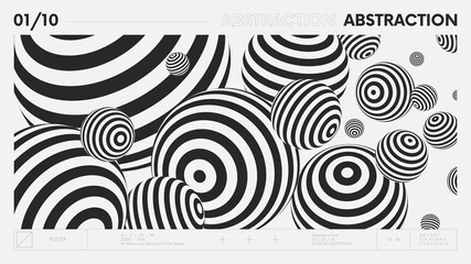 Abstract modern geometric banner with simple shapes in black and white colors, graphic composition design vector background, flying balls of different shapes with linear pattern