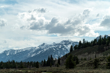 The view of the Grand Teton Mountain Range from the Grand Teton National Park in Moose, Wyoming in...