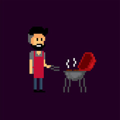 The man is grilling meat. Pixel icon. Pixel art. Old school computer graphic. 8 bit video game. Game assets 8-bit.