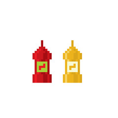 A bottle of ketchup, mustard. Pixel icon. Pixel art. Old school computer graphic. 8 bit video game. Game assets 8-bit.