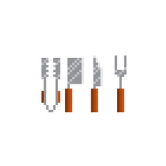Knife, fork, tongs. Barbecue staff. Pixel icon. Pixel art. Old school computer graphic. 8 bit video game. Game assets 8-bit.