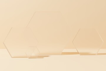 3d render glass hexagons on a beige background with shadows