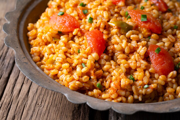 Traditional turkish bulgur pilaf with tomato sause in plate (Turkish name; meyhane pilavi)