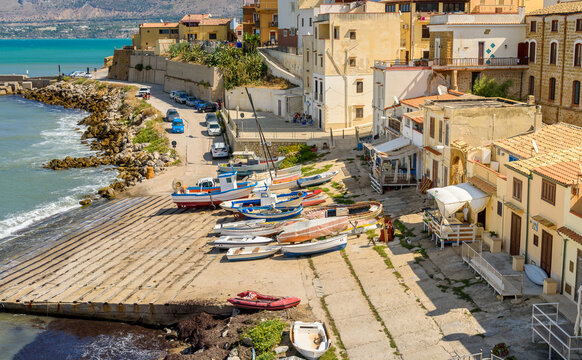 View of Small port of seaside resort Trappeto, province of Palermo, Sicily, Italy