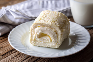 Turkish creamy dairy product. Clotted cream (butter cream) for Turkish breakfast with glass of...