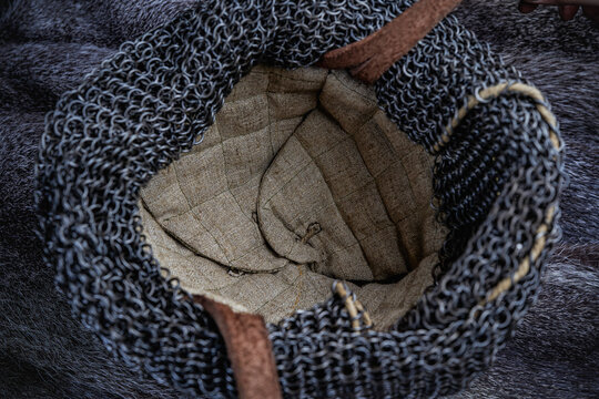 Inside view of inverted protective iron helmet