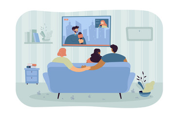 Boyfriend secretly cheating on girlfriend. Couple with friend watching news on sofa, man holding hands with other woman flat vector illustration. Betrayal, cheating concept for banner, website design