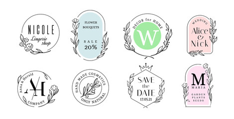 Vector hand drawn wreaths frames. Leaf with flower